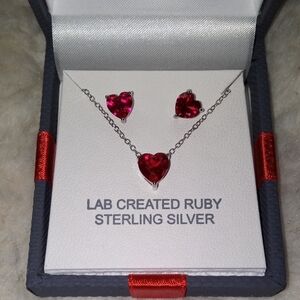 Sterling Silver Heart Jewelry Set with Red Stones